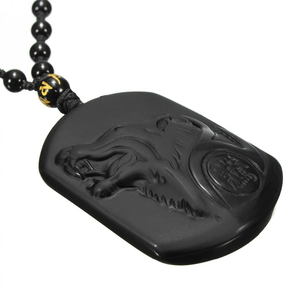 Natural Black Obsidian Carving Wolf Head Amulet Pendant