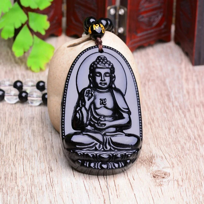 Natural Stone Black Obsidian Carved Buddha Lucky Amulet