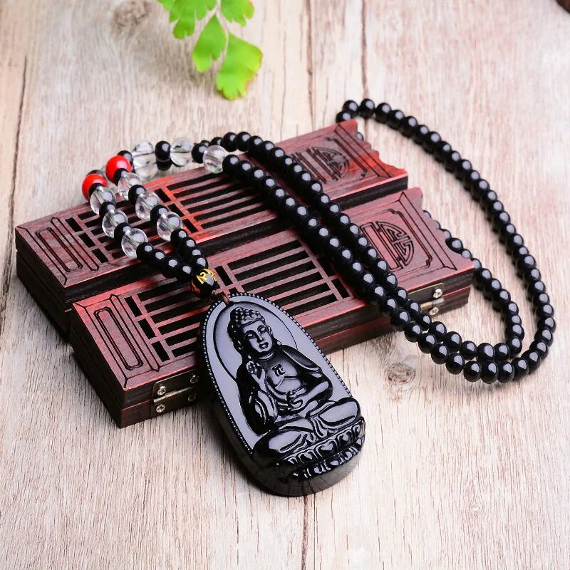 Natural Stone Black Obsidian Carved Buddha Lucky Amulet