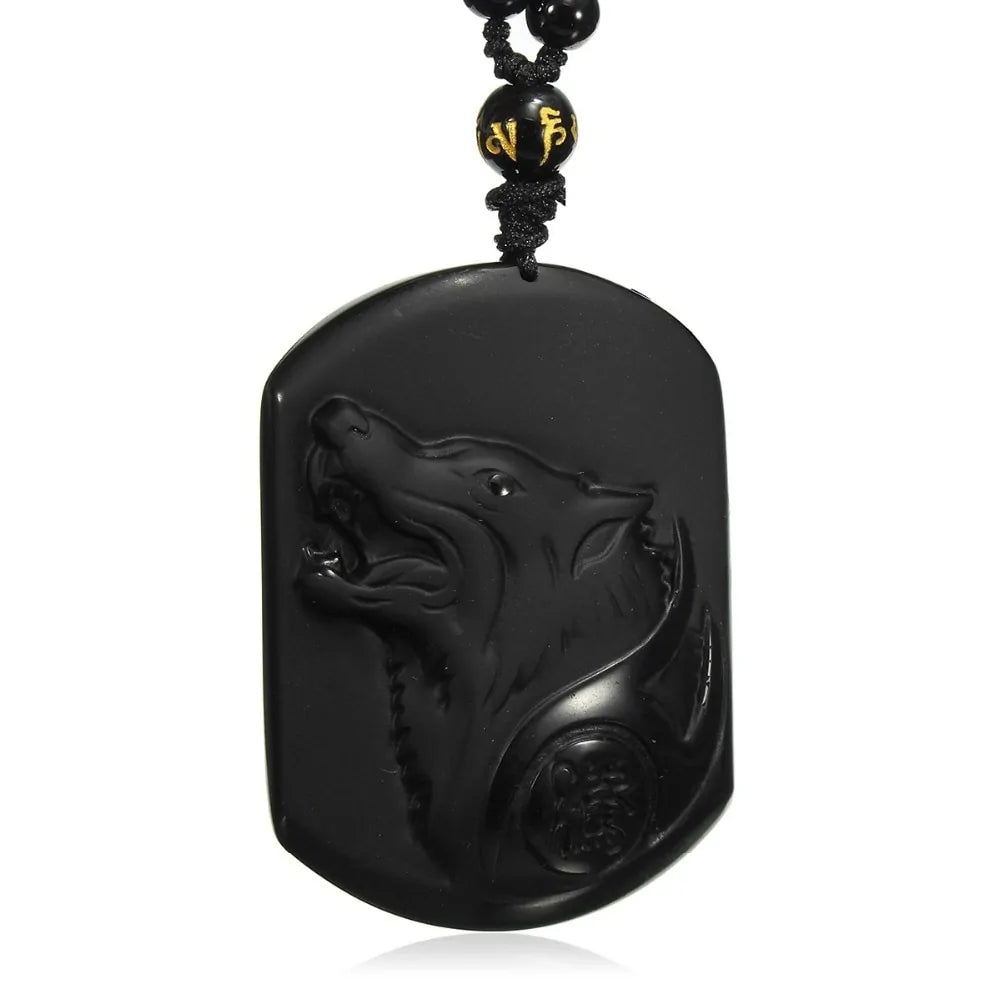 Natural Black Obsidian Carving Wolf Head Amulet Pendant