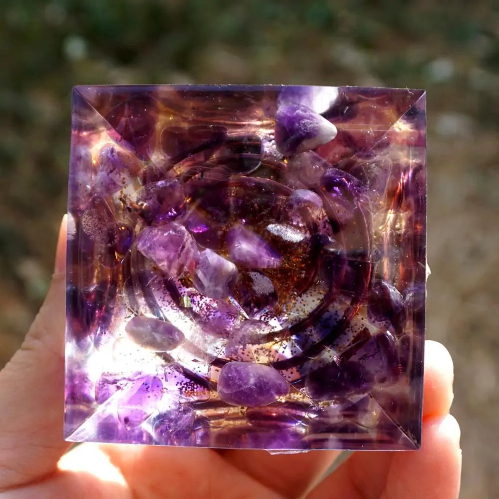 Handmade 60mm Orgonite Pyramid: Smoky Crystal Sphere & Amethyst