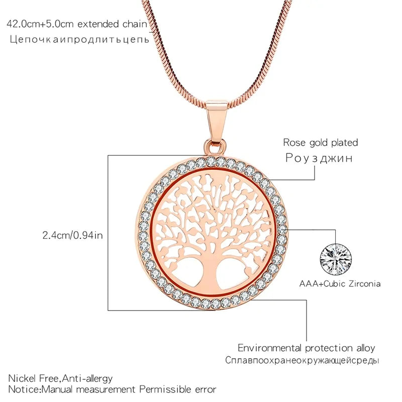 Tree of Life Hot Crystal Round Small Pendant Necklace