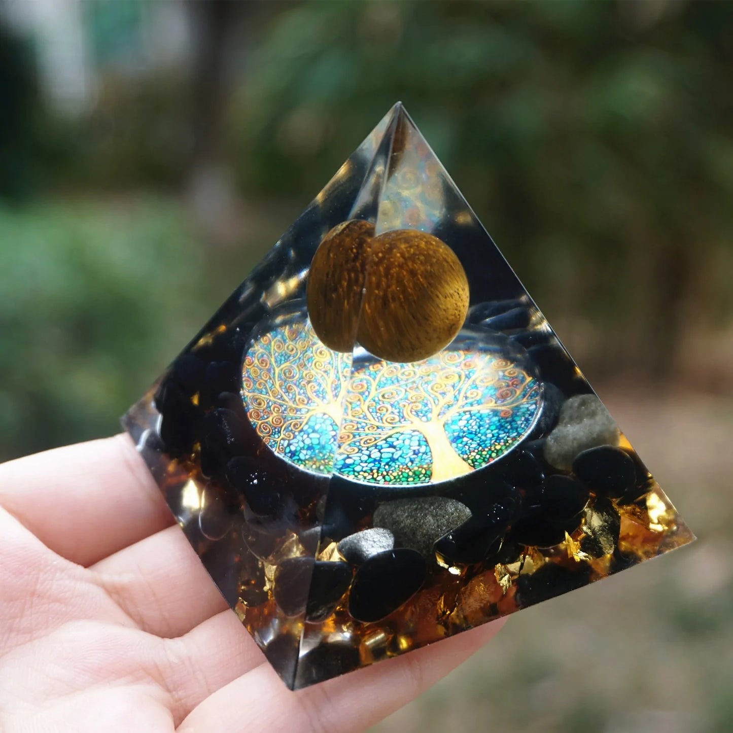 Tiger Eye Crystal Sphere & Obsidian Quartz Orgone Pyramid: Reiki Energy Healing Tool