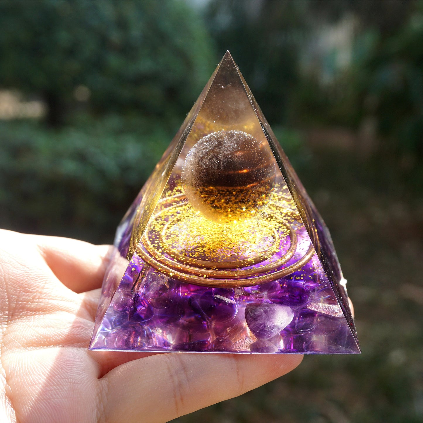 Handmade 60mm Orgonite Pyramid: Smoky Crystal Sphere & Amethyst